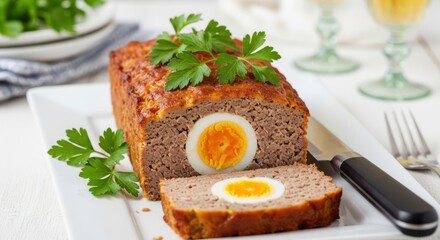 Deliciously savory meatloaf with a perfectly cooked egg center and fresh parsley garnish