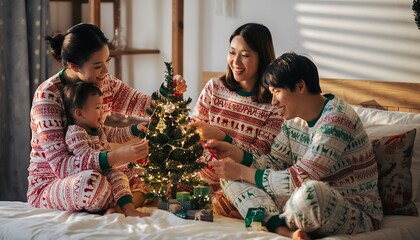 Joyful Family Decorating Small Festive Tree Together in Matching Holiday Pajamas