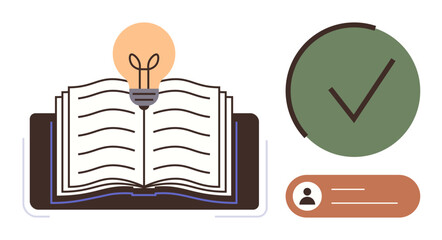 Open book and glowing lightbulb highlight learning and creativity. Green checkmark conveys validation. User profile suggests personalization. Ideal for education, inspiration, innovation, approval