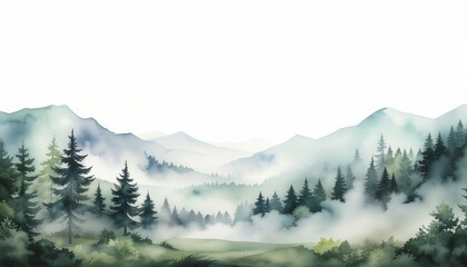 Obraz premium Foggy Watercolor Forest Landscape Border with Green Pine Trees and Soft Mist for Outdoor Themes