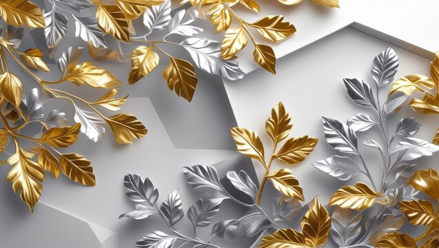 Gold Silver Leaf Branch Decorative Art Background Elegant Ornamental Design