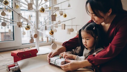 Mother and Child Wrapping Holiday Gifts Together Near Minimalist Decorative Tree