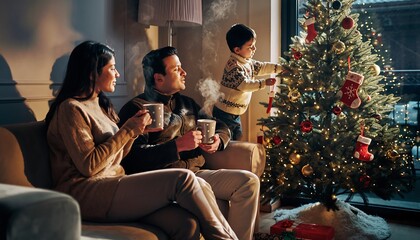 Cozy Family Decorating Festive Holiday Tree Indoors at Dusk