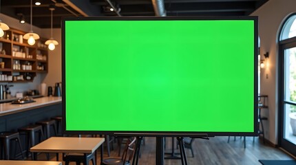 Commercial Display Mockup: Green Screen Display in Cafe Environment