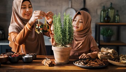 Mother and Child Decorating Potted Herb Plant in Kitchen Setting