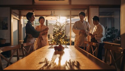 Asian Family Gathering Around Dining Table During Golden Hour with Festive Decor