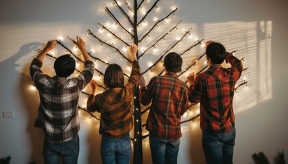Four Friends Decorating Modern Minimalist Wall Mounted Light Tree for Holiday Celebration