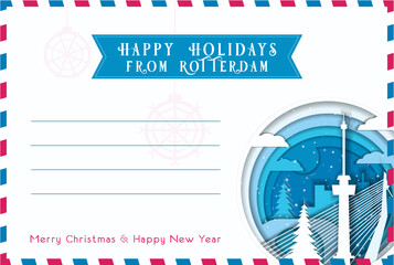 From Rotterdam Happy Winter Holidays postal card template. Vector blank postcard illustration for Christmas, New Year celebration with landmarks, message space layout