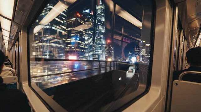A train view at night showcases a city's illuminated skyscrapers, with people inside