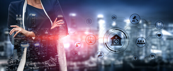 Futuristic digital law interface displaying justice scale, highlighting digital law, AI compliance,...