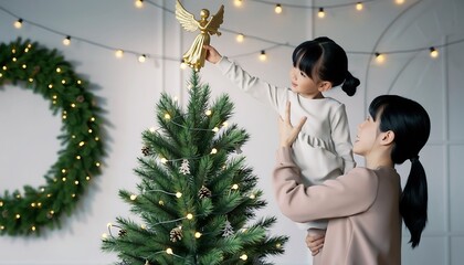 Mother and Child Decorating Festive Holiday Tree with Angel Topper