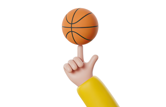 A cartoon hand with a yellow sleeve spinning a basketball on its index finger against black