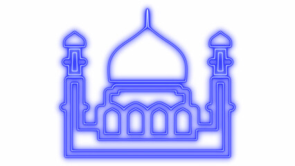 Glowing blue neon line illustration of a mosque or islamic temple building with a dome and minarets isolated on transparent background