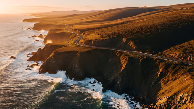 Golden Hour Coastal Highway Cliffs Overlooking Pacific Ocean Waves. - Powered by Adobe