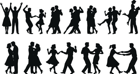 Silhouettes of couples dancing various styles like swing, salsa, and waltz, illustrating romance, partnership, celebration, and energetic social activity.