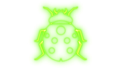 Glowing neon outline illustration of a cute ladybug insect or beetle bug with six dots on its back isolated on transparent background.