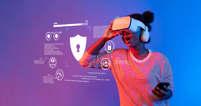 A young woman engages with a virtual reality headset against a vibrant background, emphasizing themes of cyber security and privacy in the digital world. XDMCP