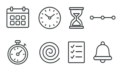 Icons of time management: calendar, clock, hourglass, stopwatch, checklist, bell