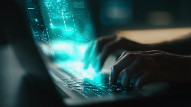 Futuristic Data Management: Man Typing on Laptop with Hologram Display