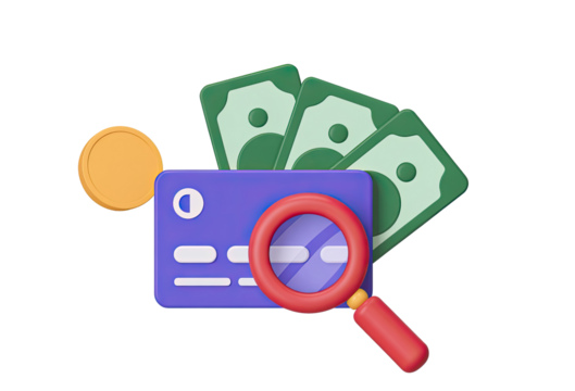 Illustration of a credit card with money coin and magnifying glass on a black background - Powered by Adobe