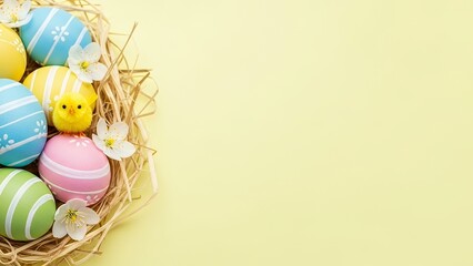 Natural straw nest holding vibrant Easter eggs and tiny yellow chick surrounded by delicate white and pink flowers on sunny yellow background.