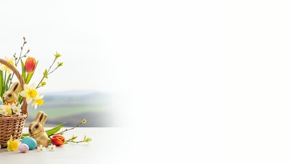 Bright Easter composition showing a basket of eggs and flowers on table with blurred background. 
