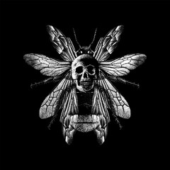 a bee combined with a human skull, blending natural detail with dark surrealism. The intricate wings and textured shading create a bold, gothic, and visually arresting design.