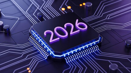 Futuristic microchip with glowing 2026 text on digital circuit board

