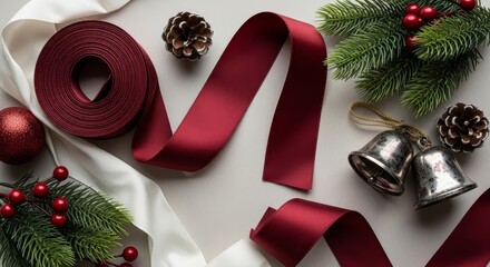 Festive christmas decorations with ribbon and ornaments composition