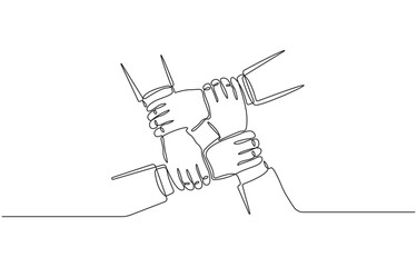 Continuous one line drawing of Group young male and female business Unity teamwork their hands together, single line concept Vector illustration.