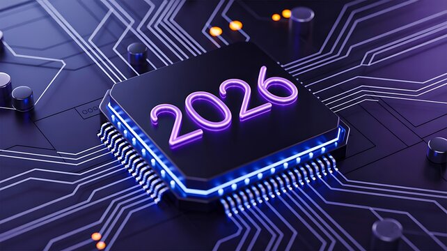 Futuristic microchip with glowing 2026 text on digital circuit board

