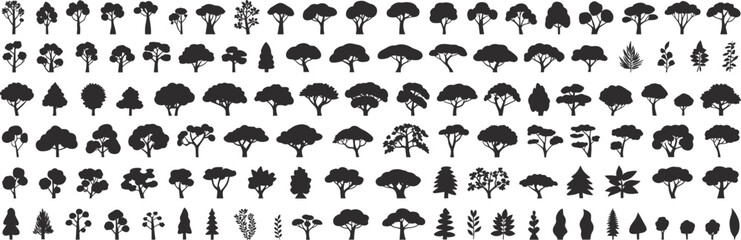 Massive vector collection of diverse tree and shrub silhouettes, showcasing various species, shapes, and foliage, for landscape design graphics.