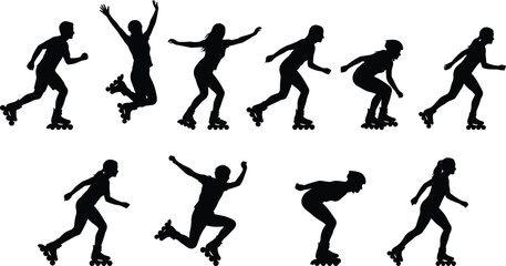 Silhouettes of male and female rollerbladers in various dynamic inline skating poses, illustrating sport, fitness, speed, recreation, and active lifestyle.