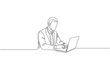 Continuous one line drawing of businessman holding and typing laptop in his hand, Portrait of a working man at a computer laptop, Single line Vector illustration.