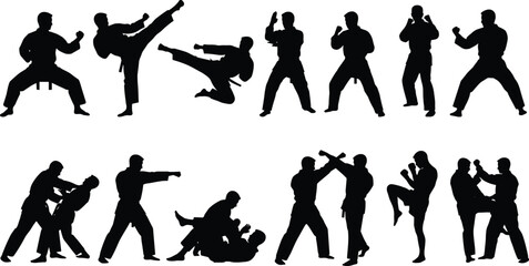 Silhouettes of male and female martial artists performing dynamic kicks, punches, and grappling, illustrating extreme combat sport, self-defense, and fitness training.