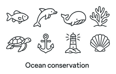 Fototapeta premium Ocean conservation icons with marine animals and nautical elements