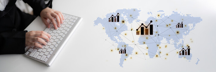 Visualization of global economic growth and stock market data. Financial chart analysis shows international business performance and investment opportunities in the world market. Fermion
