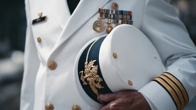 Commander's Pride: An officer in an immaculate white uniform holds their cap, medals glistening as they stand with a backdrop of a stone structure, embodying a symbol of dedication and service.