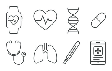 Healthcare technology icons: smartwatch, heart, dna, medicine, stethoscope, lungs, thermometer, mobile app