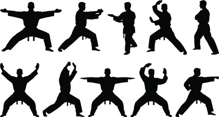 Silhouettes of male martial artists performing various dynamic stances and movements in traditional uniforms, illustrating karate, taekwondo, and combat sport.