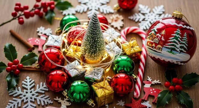 Festive christmas still life with ornaments and decorations galore