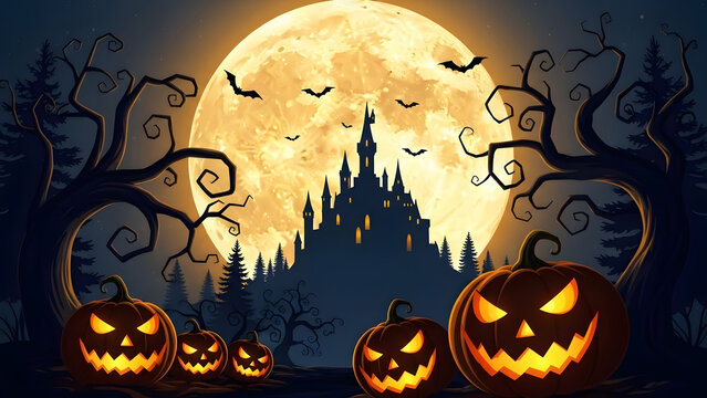 Spooky Halloween night scene with pumpkins bats and a haunted castle under a full moon creating a fe