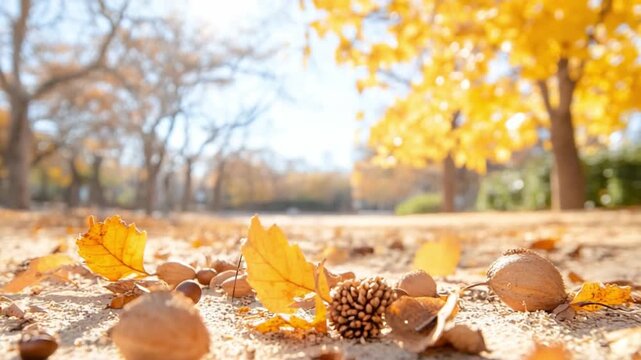 Golden Embrace of Autumn: A low-angle shot captures the essence of autumn on the ground, with fallen leaves, nuts, and acorns creating a warm, inviting scene under the bright sky.