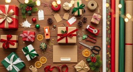 Festive Christmas Gift Wrapping Flat Lay with Ornaments and Supplies