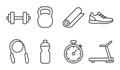 Fitness icons: dumbbell, kettlebell, yoga mat, running shoe, jump rope, water bottle, stopwatch, treadmill