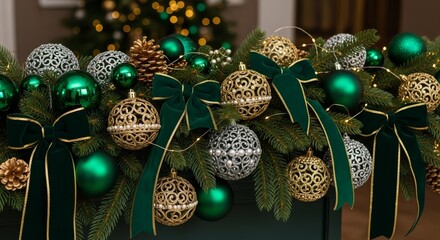 Festive christmas display of green ornaments and golden accents creating a warm and inviting holiday atmosphere