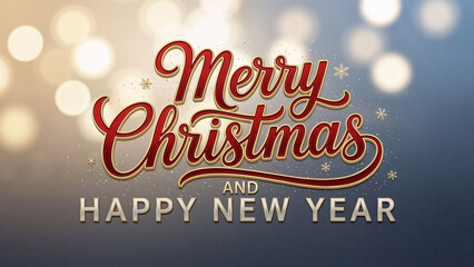 Merry Christmas and Happy New Year text with red and gold lettering, shiny bokeh lights, and subtle snowflakes. Holiday season celebration concept.