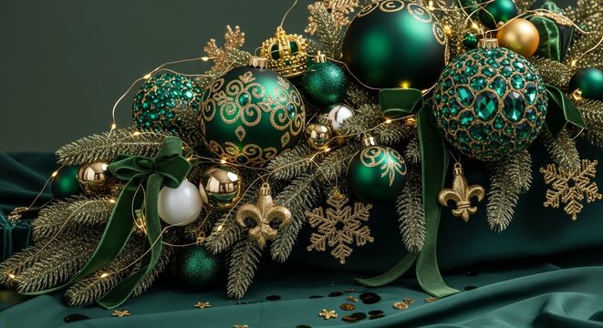 Elegant Emerald and Gold Christmas Display with Ornaments and Lights