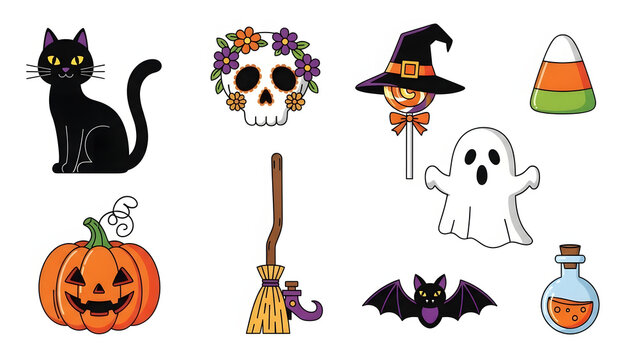 Halloween vector illustration set featuring a black cat skull ghost and other spooky elements isolat
