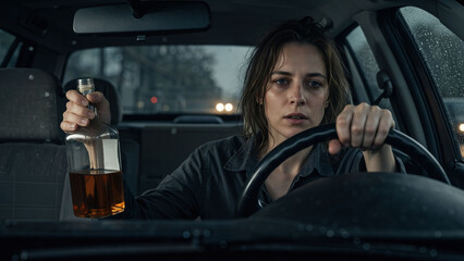 Woman driver holding alcohol bottle while driving a car. Drunk driving concept for awareness campaign and road safety education.